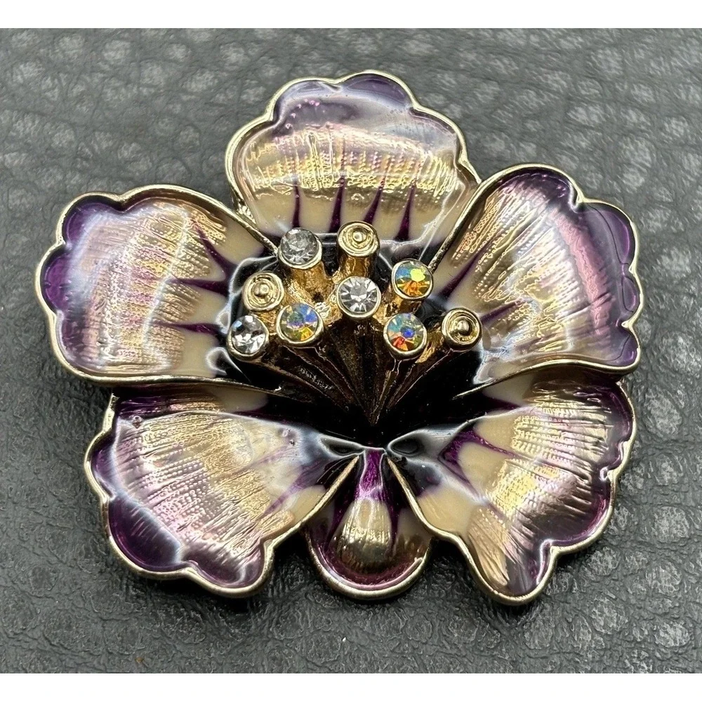 Anne Klein Signed Purple Enamel Pansy Flower Brooch Pin Crystal AB Rhinestone
